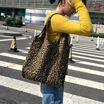 

Leopard Canvas Shopping Big Capacity Vest Style Cotton Cloth Shoulder Bags Women Fashion Casual Eco Reusable Handbags Tote