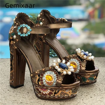 

Brown Silk Women Sandals Peep Toe Decor Pearls Ankle Buckle Studded Crystal Shoes Chunky High Heel Print Flowers woman Sandals