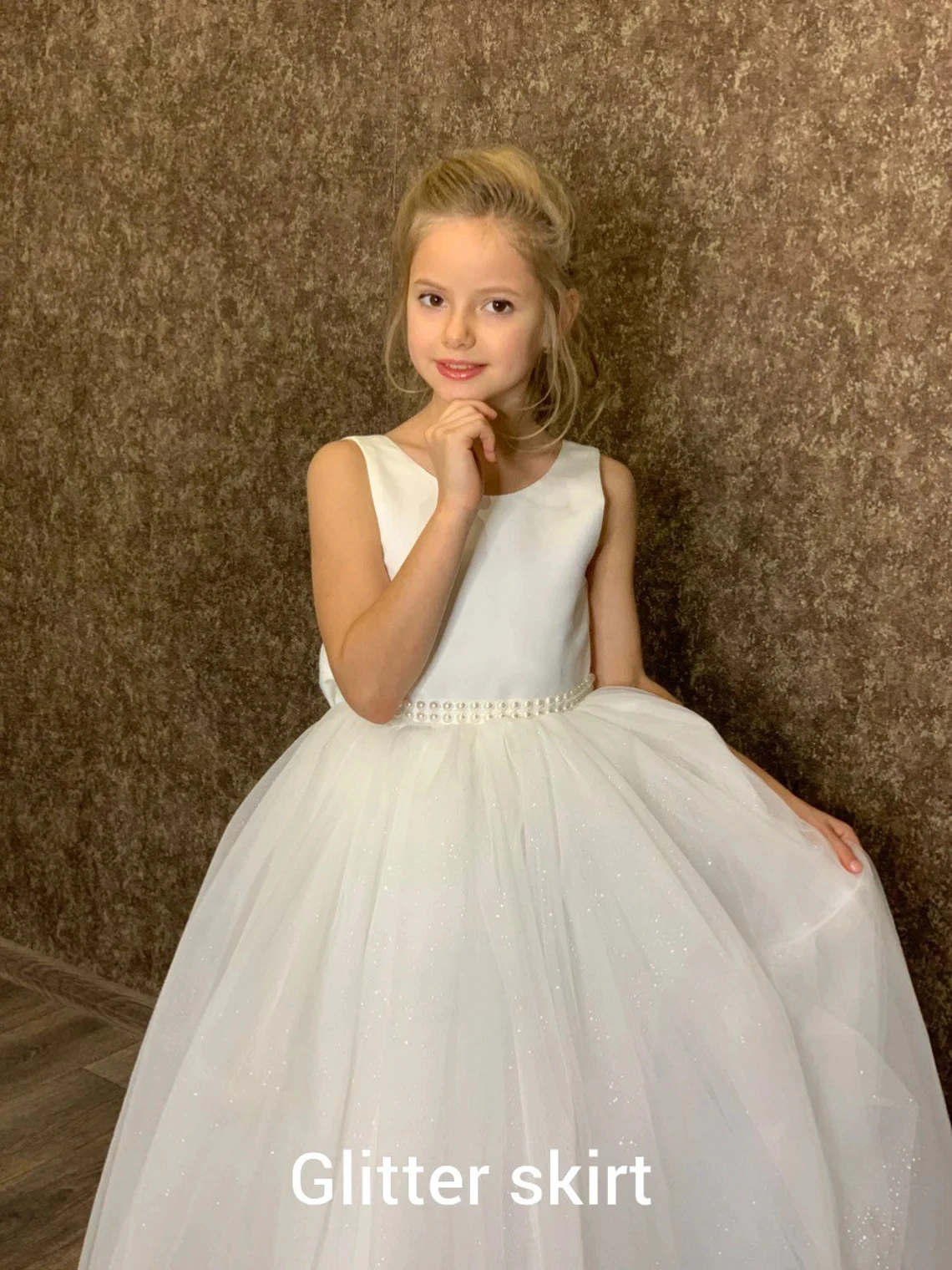 FATAPAESE Flower Girl Dress With Bow Long Train Flower Lace Pearls Dresses Satin Tutu First Communion Dress Ivory Girl Dress
