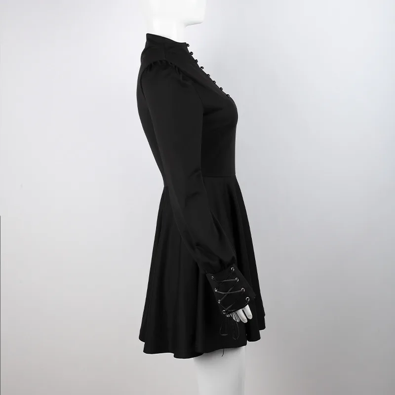Black Goth Women Dark Dress 2022 Autumn Lady Eyelet Lace-up Button Empire Long-sleeve Hipster Dresses Gothic Mini A-line Vestido