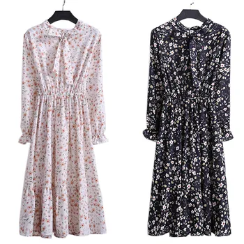 

New Spring Chiffon Shirt Dresses Vintage Floral Plaid Dot Elastic Waist Dress Women Fashion Party Slim A Line Midi Dress Vestido