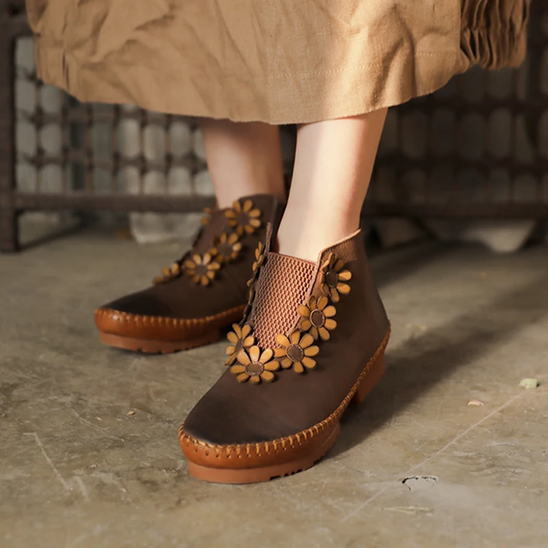 

Women Leather Boots Embroidery Flower Low Heels Spring Shoes Women Handmade Genuine Leather Women Ankle Boots Slip On Lazy Shoes