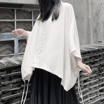 

[] Women White Big Size Shirt New Stand CollarThree-quarter Batwing Sleeve Blouse Fashion Tide Spring Autumn 2020 19A-a673
