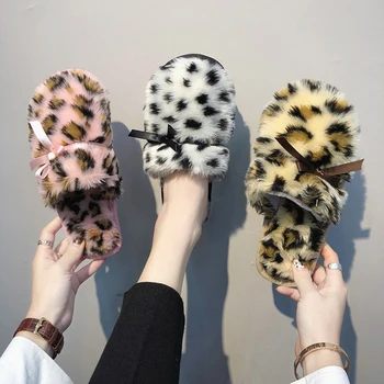 

COOLVFATBO Women Winter Home Slippers Ladies Rabbit Leopard print Fur Warm Slides Indoor Soft Casual Shoes for Women Sandals