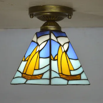 

Tiffany Sailboat Ceiling Light Stained Glass Mediterranean Style Ceiling Lamp for Bathroom Kitchen Living Room Bedroom