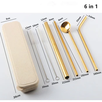 

20sets/lot 6pcs/bag Stainless Steel Straws 3 Straws+1 Spoon Straw + 2 Brush Reusable Bar Drinking 6 in 1 Full Set In Box