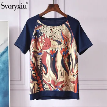 

Svoryxiu Designer Summer Silk Print Patchwork Knitting T Shirts Women's Fashion Short Sleeve Loose Tops Tees Female
