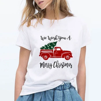 

2020 Printed Christmas Tree Kawaii Truck Happy New Year T-Shirt Lettering Graphic T-Shirt Camisas Mujer