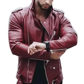 

Fall Chic Men Solid Color Faux Leather Stand Collar Zip Up Slim Fits Jacket Coat Men's Street Lapel Locomotive Zipper Coat