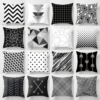 

Black & White Geometric Cushion Cover Polyester Throw Pillow Case Striped Dotted Grid Triangular Wave Waist Pillows Pillowcover