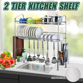 

2Tier Stainless Steel Kitchen Shelf Organizer Dishes Drying Rack Over Sink Drain Rack Kitchen Storage Countertop Utensils Holder