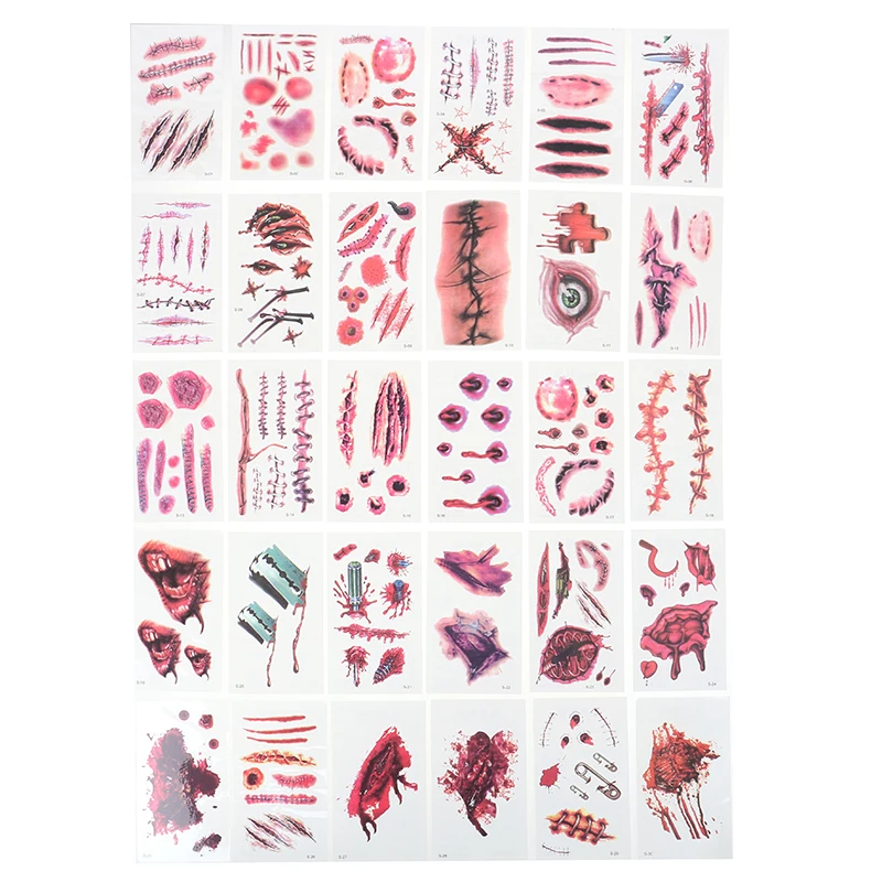 30PCS 3D Reality Vampire Blood Scar Design Tattoo Sticke Halloween Waterproof Temporary Tattoos For Men Women