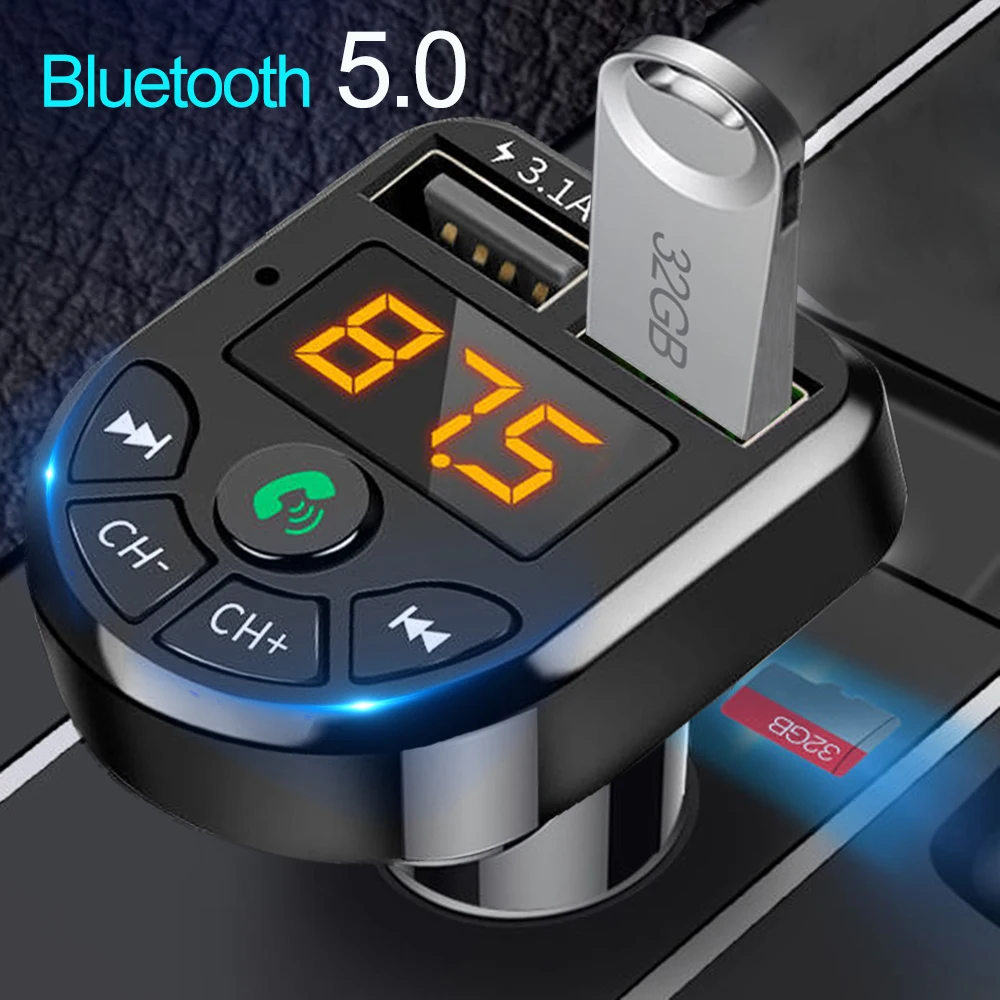 

Car Bluetooth 5.0 FM Transmitter Car Kit MP3 Modulation Player Wireless Hands-free Audio Receiver Dual USB Fast Charger 3.1A