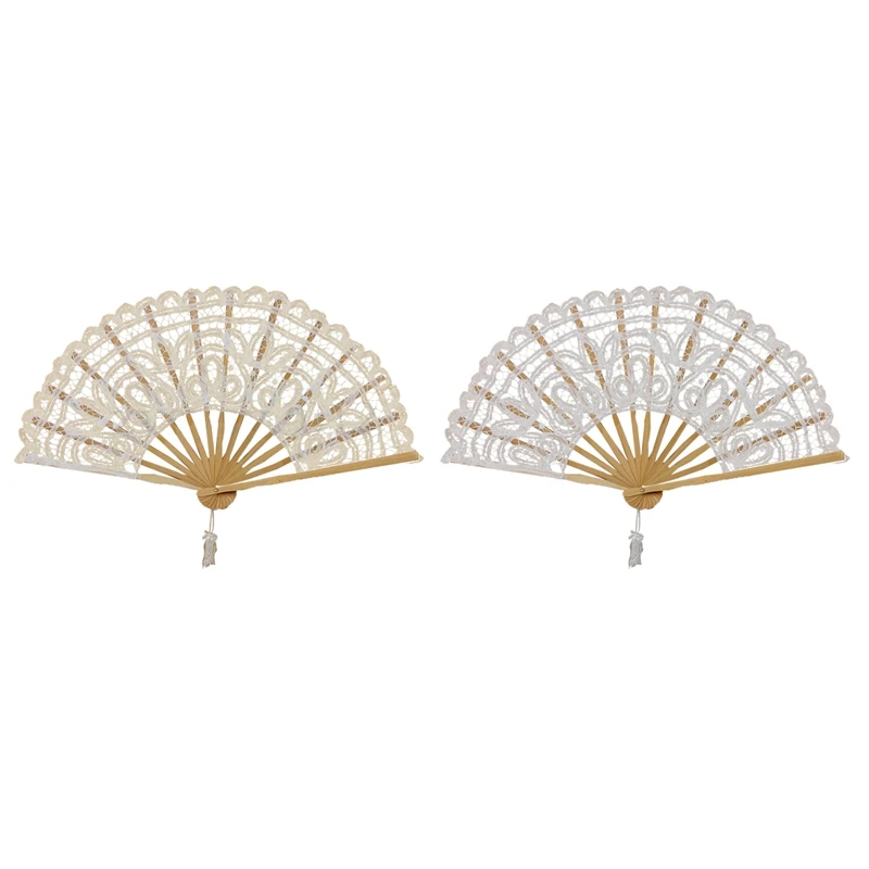2 Piece Vintage Lady Handmade Lace Hand Fan Bridal Wedding Party Decoration, White& Lvory