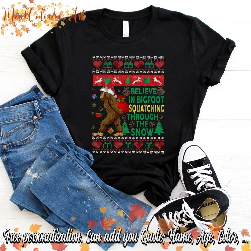Sasquatch Bigfoot Squatching Through The Snow T Shirt Christmas Tree Lighting Pick Up Ugly Sweater |
