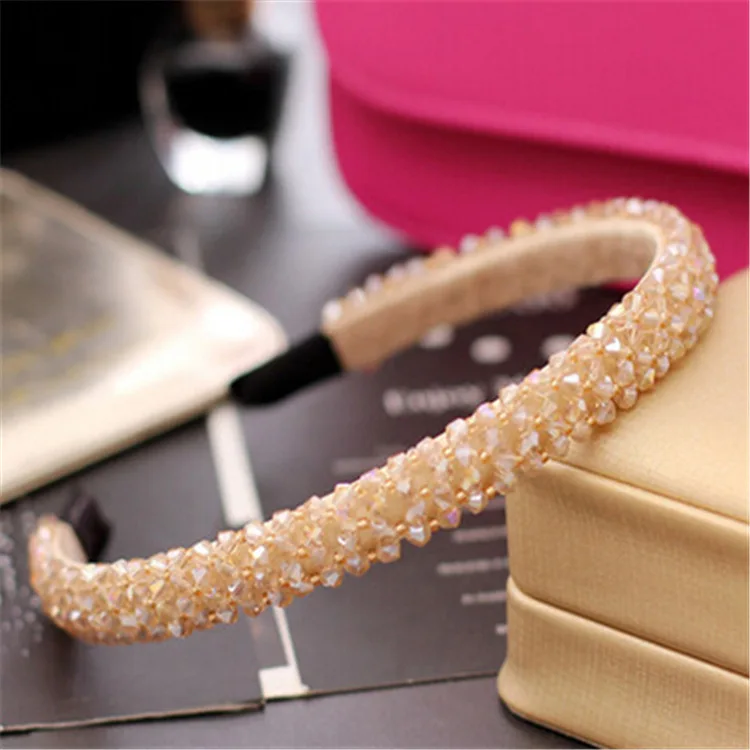 Solid Color Luxury Rhinestone Headband Women Beads Bezel Hair Hoop Korea Hairband Girls Bride Wedding Hair Accessories - Цвет: pattern 2 Champagne