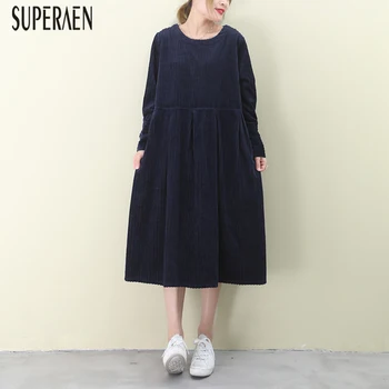 

SuperAen Spring 2020 New Women Dress Korean Style Pluz Size Corduroy Ladies Dress Long Sleeve Solid Color Women Clothing