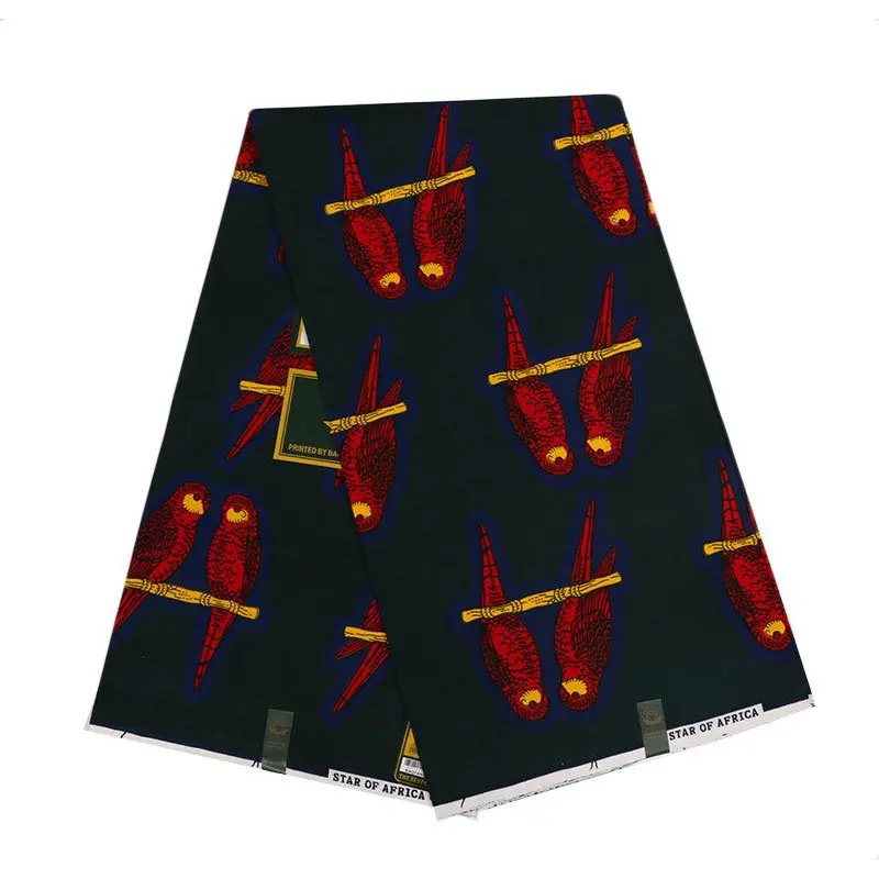 

100% Polyester Red Birds Printed Veritable Guaranteed Hollandais Wax Printed New African Dutch Wax Fabric Black Fabric
