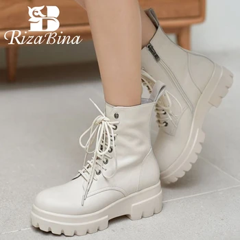 

RIZABINA Size 34-42 Real Leather Women Ankle Boots Sport Round Toe Side Zipper Shoes Cross Strap Warm Boots Women Daily Footwear