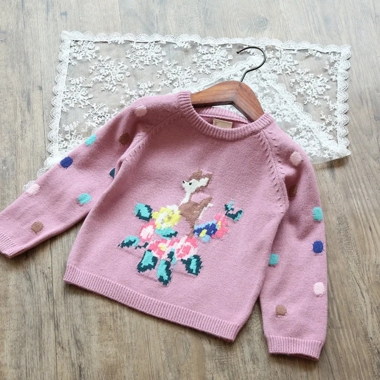 

Europe And America Girls Spring And Autumn Children Soft Sweater Small CHILDREN'S Cartoon Deer Dotted Jacquard Crew Neck Pullove
