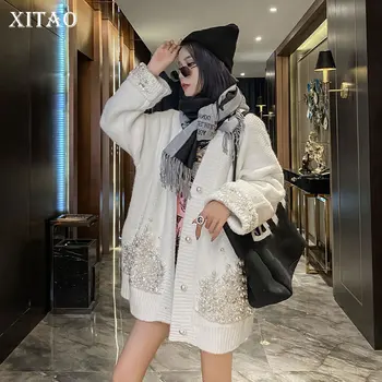 

XITAO Knitted Sweater Fashion New Women Heavy Industry Hot Drill Fashion Minority Casual Elegant Pleated Loose Sweater ZY1632