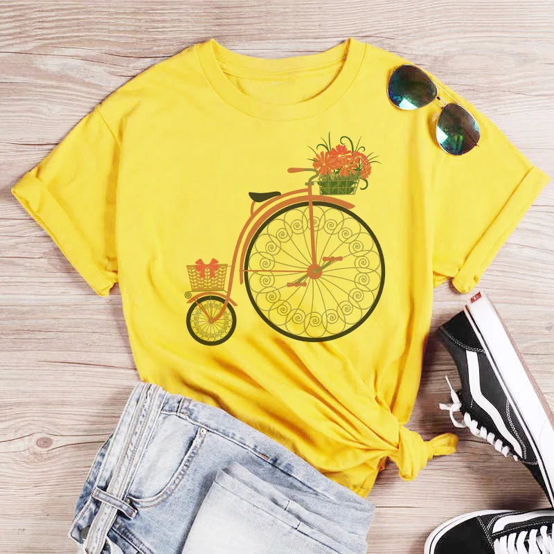 Pink T Shirt Women Beautiful Scenery Bicycle Vogue Casual Tshirt Harajuku Korean Style Graphic Tops Kawaii Short Sleeve T-shirt