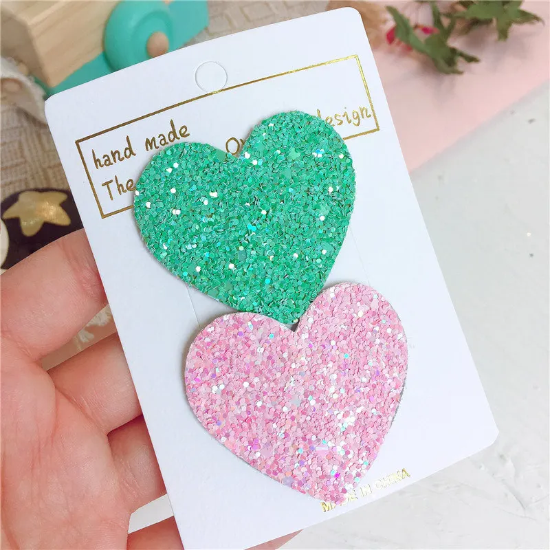 Green pink 1 упаковка = 2 шт. заколки для волос ярких цветов с блестками для маленьких девочек, милые заколки для волос в форме сердца, заколки, подарок для детей, аксессуары для волос - Цвет: Green pink
