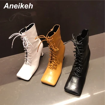 

Aneikeh Spring Fashion Women Shoes Ankle Chelsea Boots PU Cross-tied ZIP Thin Heels Square Toe Solid Designer Shoes Size 35-39