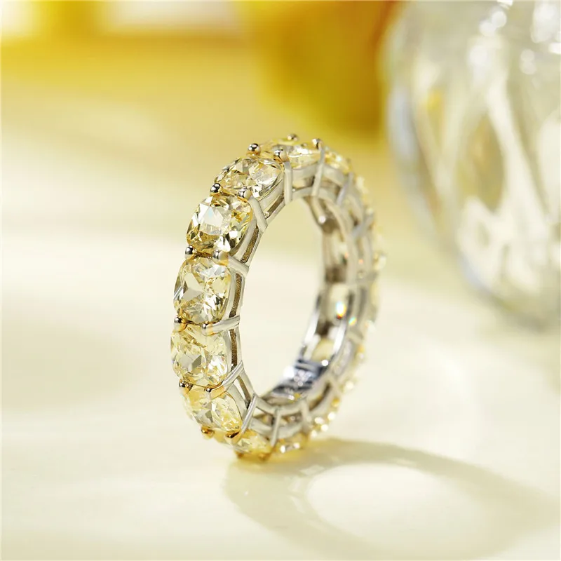 Eternity Cushion cut 4mm Topaz Cz ring Real 925 sterling silver Engagement Wedding Band Rings for women Bridal Party Jewelry silver ring wedding rings silver rings gemstone ring
