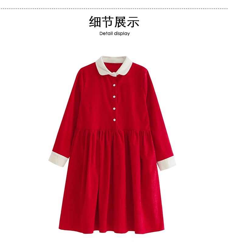 Новинка года,женское милое короткое платье весна-осень,вельветовое свободное платье,японского стиля"Mori Girl",красного цвета,с воротником"Питер Пэн", длинным рукавом и карманами
