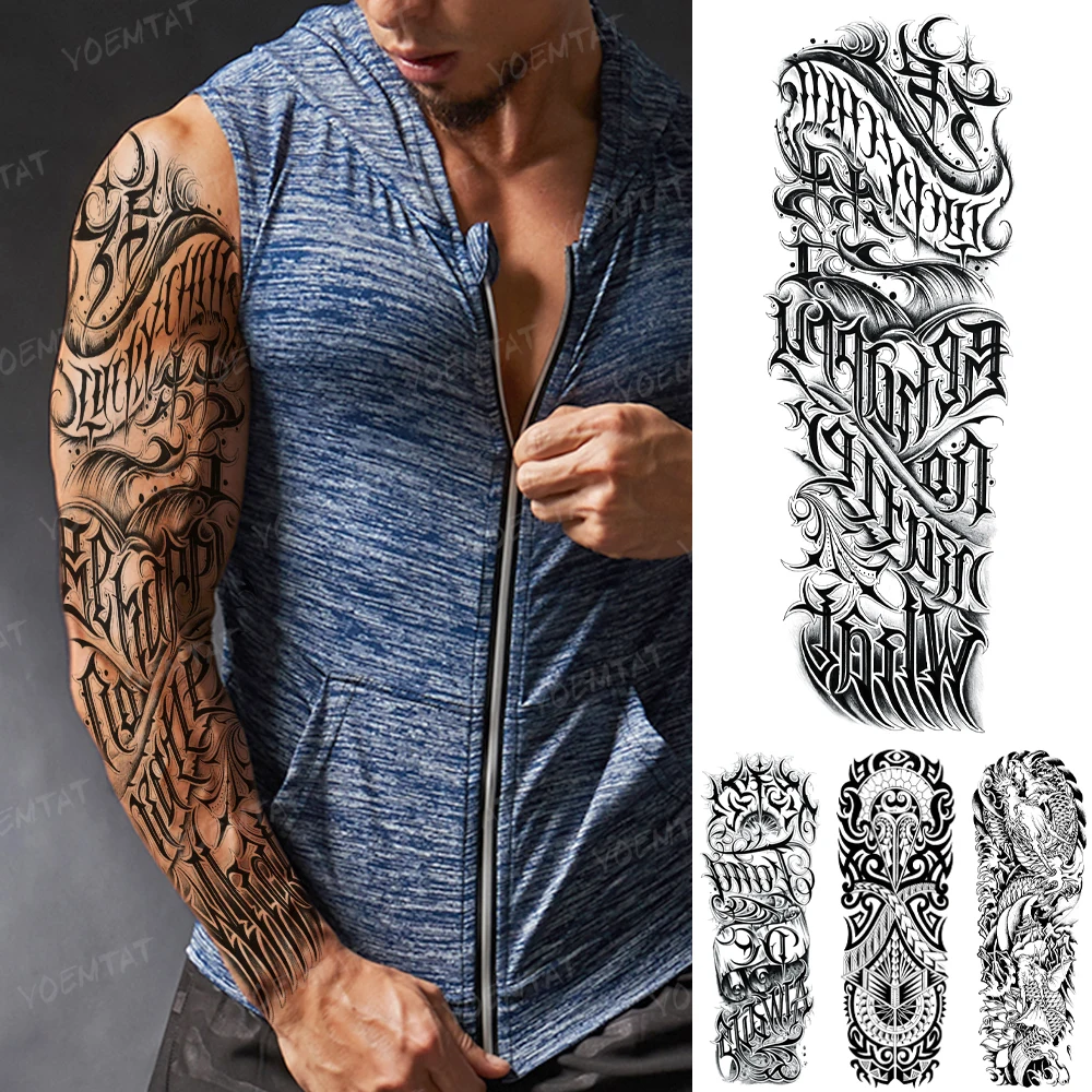 

Large Arm Temporary Tattoo Sticker Black Word English Symbol Mechanical Totem Flash Tatoo Body Art Fake Sleeve Tatto Man Woman