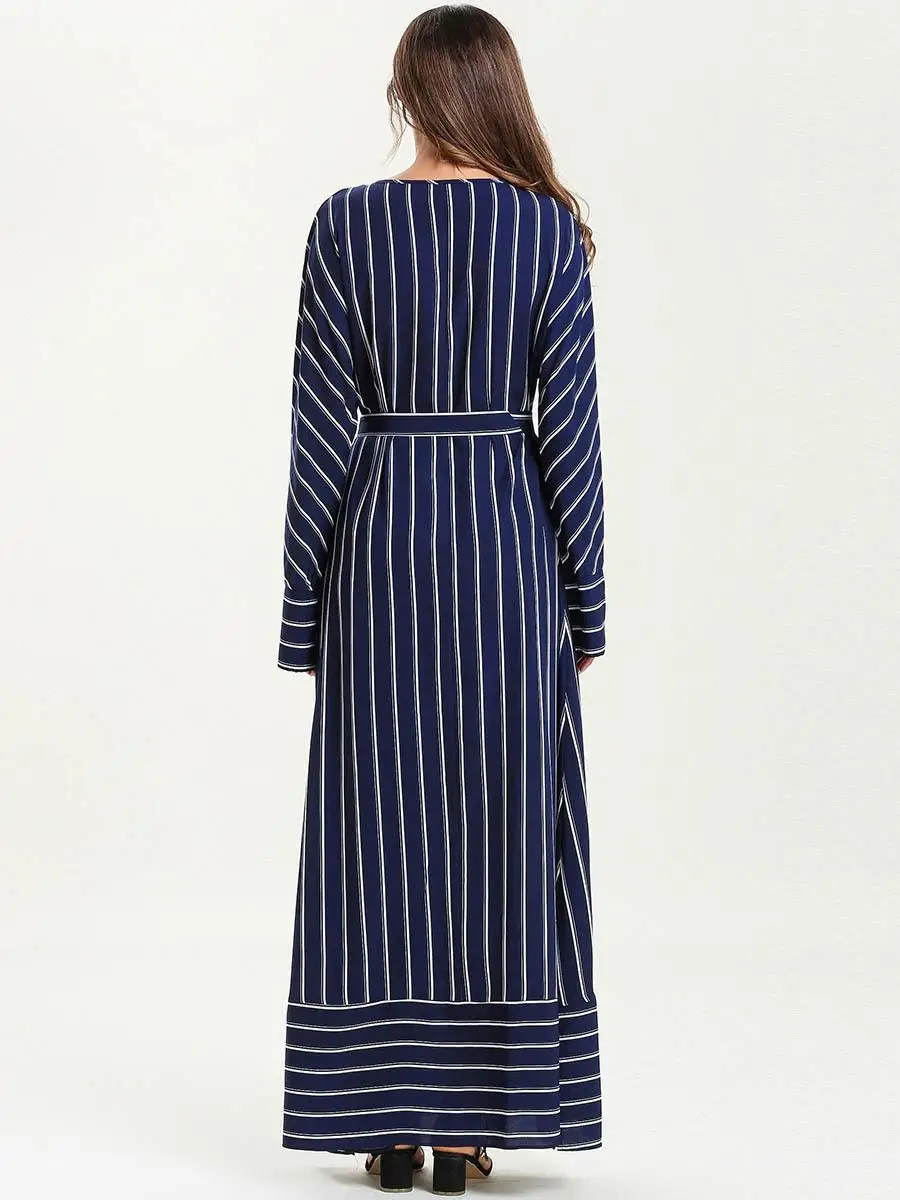 Abaya женское свободное Полосатое Платье макси с длинным рукавом мусульманский кафтан халат коктейльное арабское ислам Дубаи вечерние с