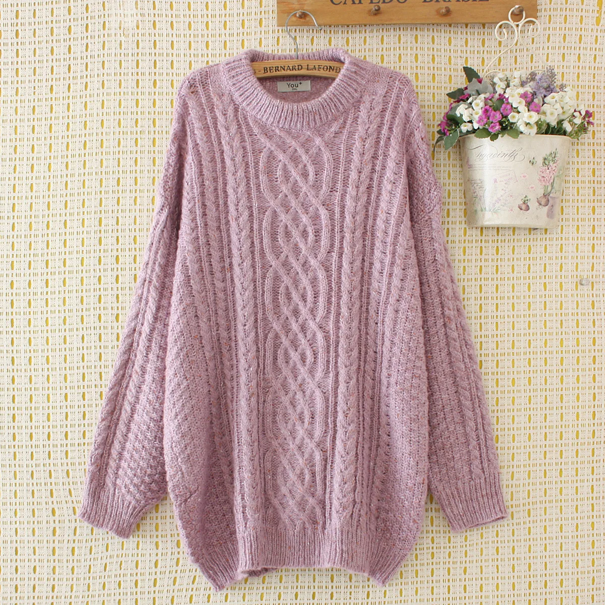 

Plus-sized Sweater Women's Fall And Winter Clothes New Style Artistic Linen Flower Color Sweater Solid Color Loose Thick Mid-len