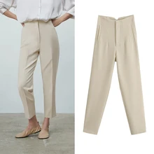 Za Spring Trouser Suits High Waisted Pants Women Fashion Office Beige Pants Chic Button Zip Elegant Pink Casual Woman Pants