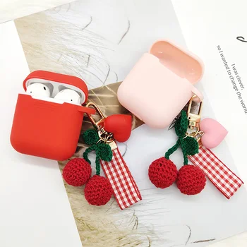 

Korean Cute Red Cherry Pendant Decor Silicone Case For Apple AirPods Charging Box Bluetooth Earphones Protective Cover Key Ring
