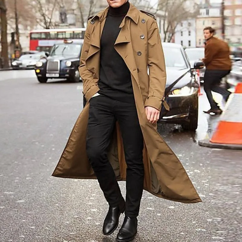 Мужской длинный приталенный Тренч, двубортная ветровка с лацканами, мужское модное осенне-зимнее пальто, Длинный дизайнерский Тренч для мужчин