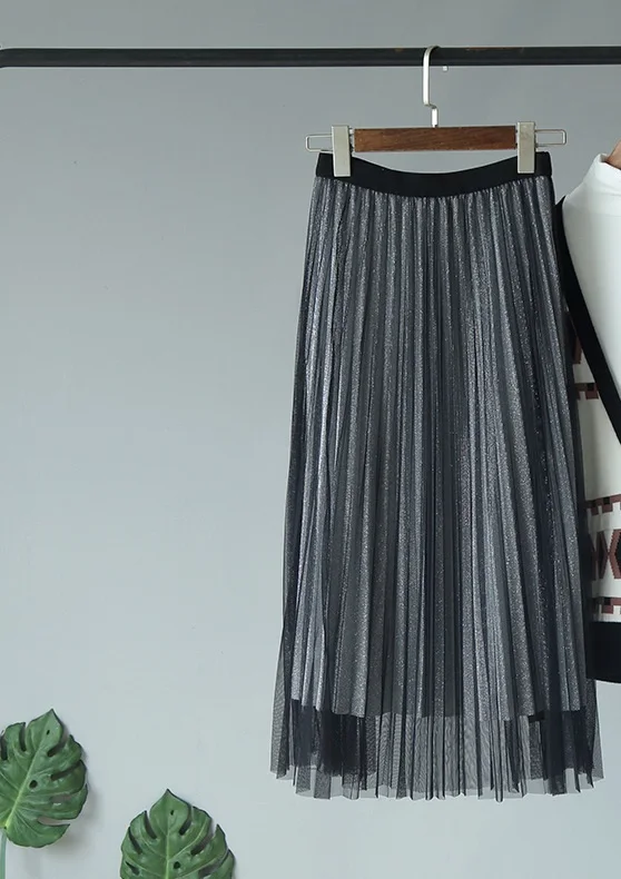 Модная юбка в стиле ретро, женская осенняя и зимняя одежда, блестящая сетчатая сшитая однотонная плиссированная юбка, цветные юбки средней длины для женщин - Цвет: picture 4