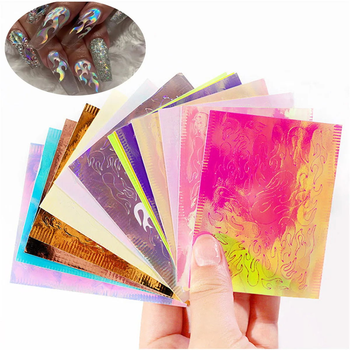 

16Pcs Nail Flame Foil Laser Nail Art Stickers Fire Reflections Tape Adhesive Foils DIY Decoration Chameleon Irregular Sequins