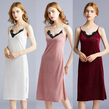 

Velvet pajamas women's season sexy suspender skirt long style can be worn outside home clothes SR1507