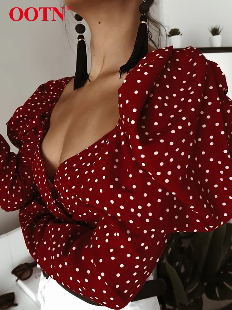 OOTN винтажный женский пышный Топ в горошек с длинным рукавом, элегантный, на шнуровке, красный короткий топ, блузка, сексуальная, открытая спина, шикарные женские рубашки