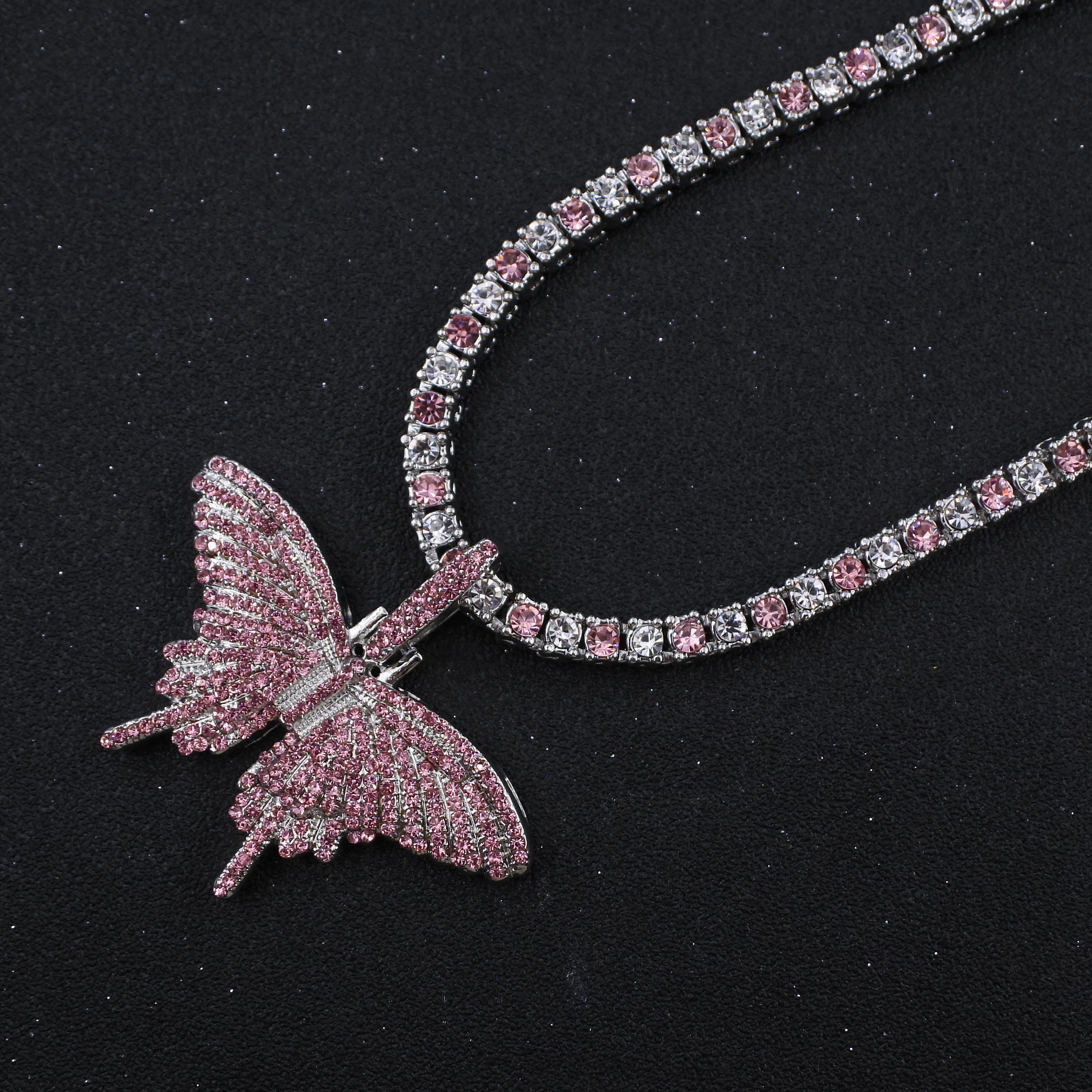 Blue White Crystal 1 Row Tennis Chain Small Butterfly Charm Women's Hip Hop Pendant Necklace Iced Out Men's Jewelry Pink Color