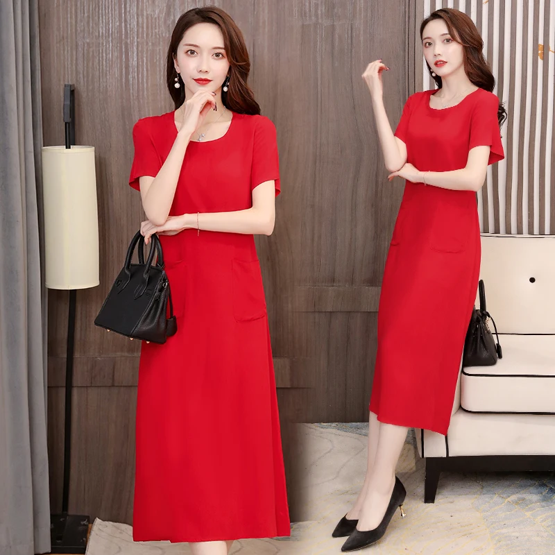 

2020 summer new cotton and linen dress female long section short-sleeved round neck solid color was thin dress