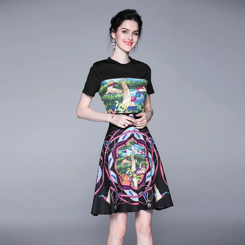 

2019 Summer New Style Europe And America WOMEN'S Dress Retro Printed Crew Neck Short Sleeve Lace-up Waist Hugging Dress Fashion