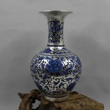 

CREATIVE NEW CLASSICAL POST-MODERN SILVER VASE BLUE AND WHITE PORCELAIN LOTUS FLOWER VASE FOR HOME DECORATION