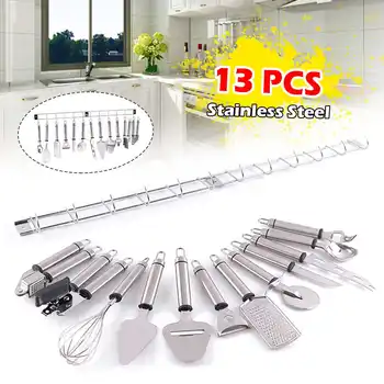 

13pcs Stainless Steel Cooking Tools Set Peeler Shovel Cutter Whisk Baking Kitchenware Gadgets with Hanger Hooks Row Home Kitchen