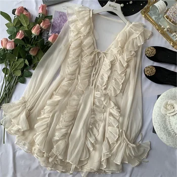 

Boho Dress Women New Style Flounced V-neck Bell Sleeve Chiffon Dress Girls Ladies Holiday Beach Dresses Vestidos De Verano