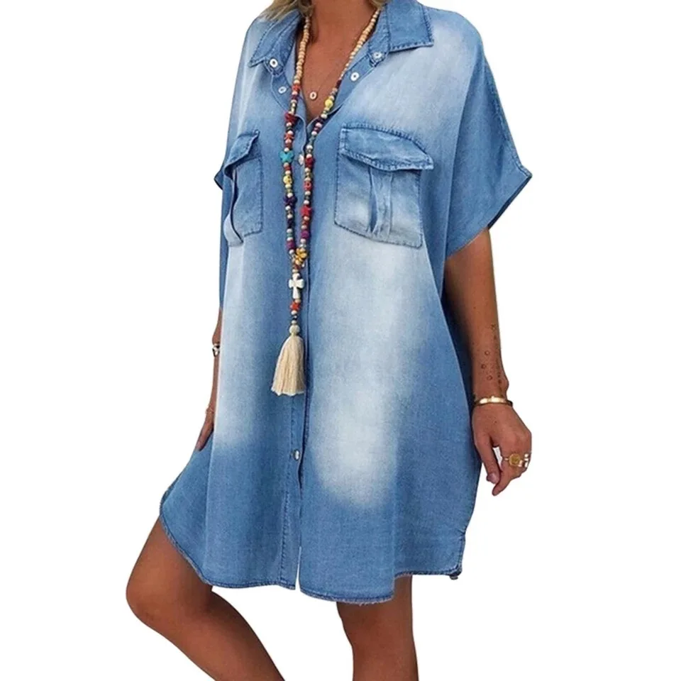 

Denim Short Sleeve Button Pocket V Neck Washed Fashion Streetwear Women 2020 Summer Loose Jean Mini Vestidos Robe Femme Dresses