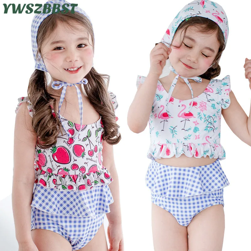 

Summer Style Girls Bikini Swimsuit Two pcs Child Swimwear with Swim Hat Baby Bikini for Girls Kids Beach Bathing Wear for 1-8Y