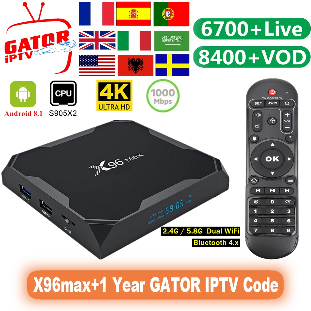 

X96 Max Smart TV Box with 1 Year Gator IPTV Subscription 6700+Live Channels Android8.1 Set Top Box 4K HD Media Player IPTV Boxes