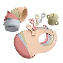 

4PCS/Set Baby Feeding Tableware BPA Free Food Grade Silicone Bowl Bib Placemat Fork Spoon Feeding Cup Waterproof Set Supplies